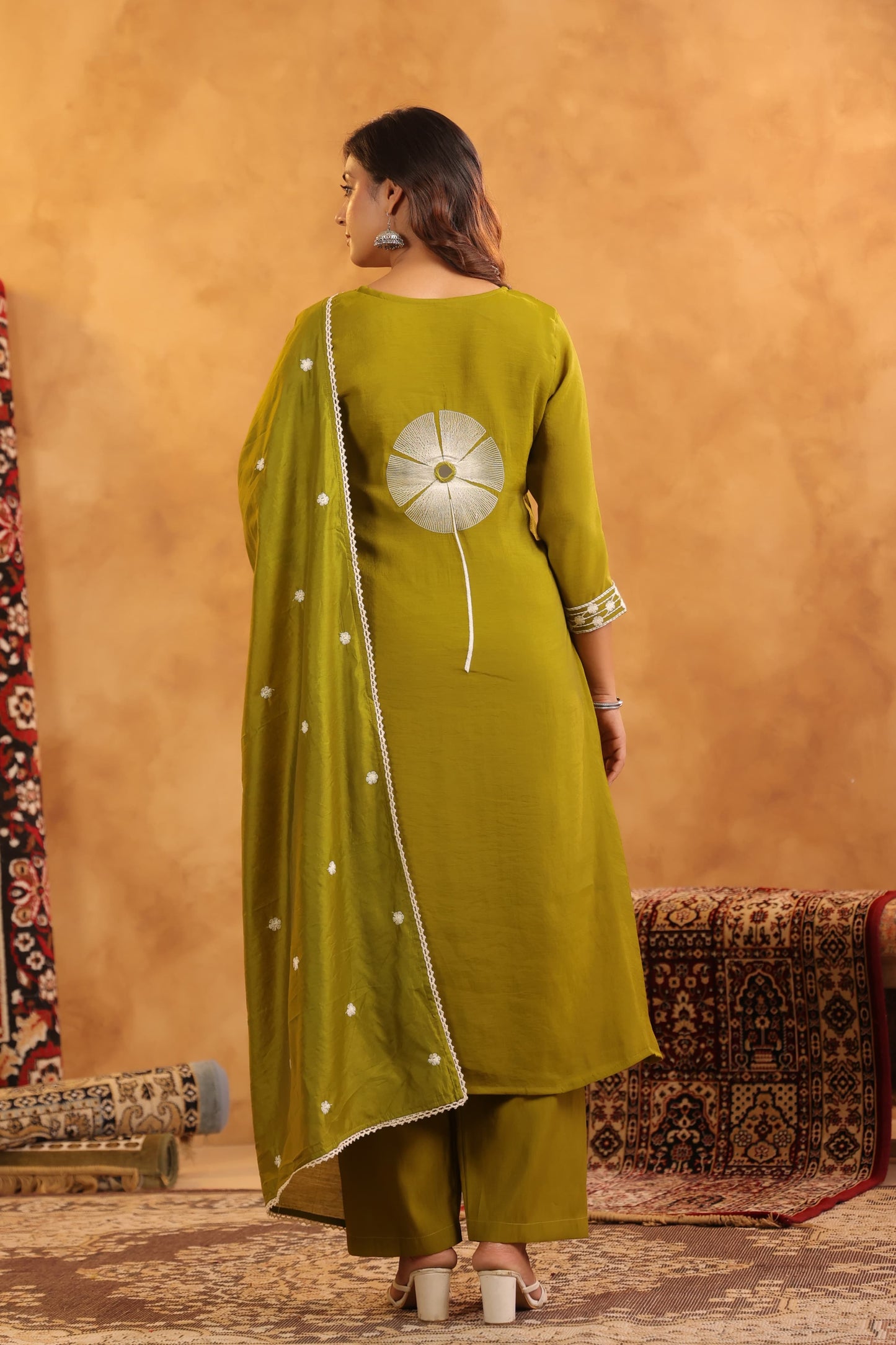 Olive Green Embroidered Cotton Kurta Set