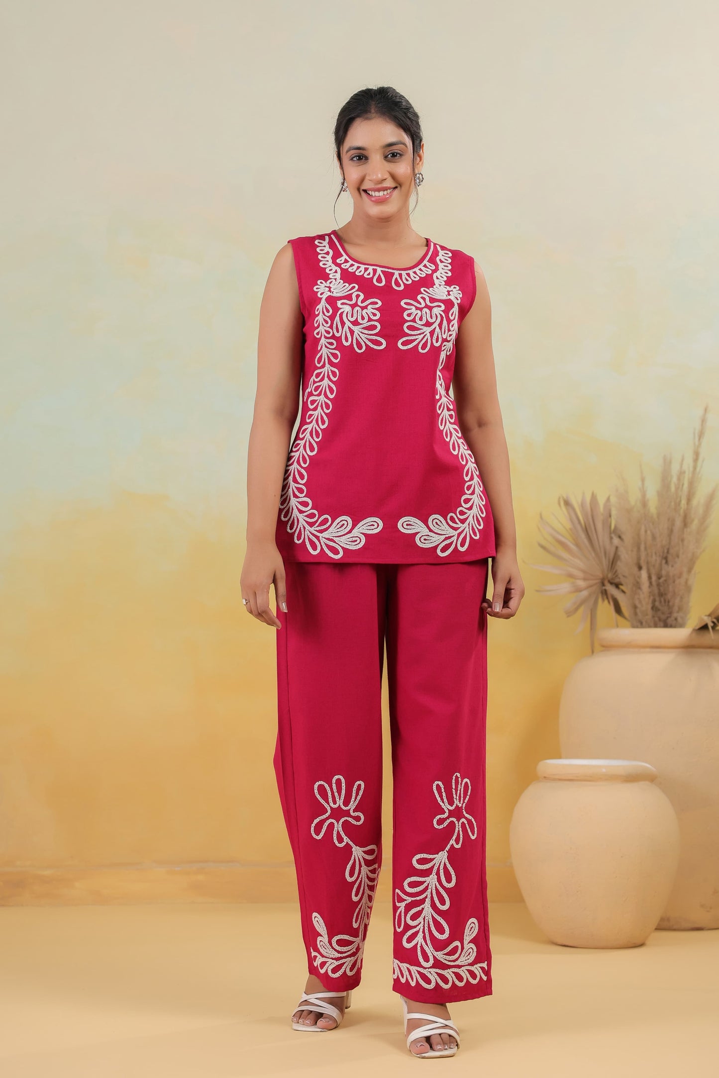 Rani Pink Cord Embroidered Cotton Co-ord Set