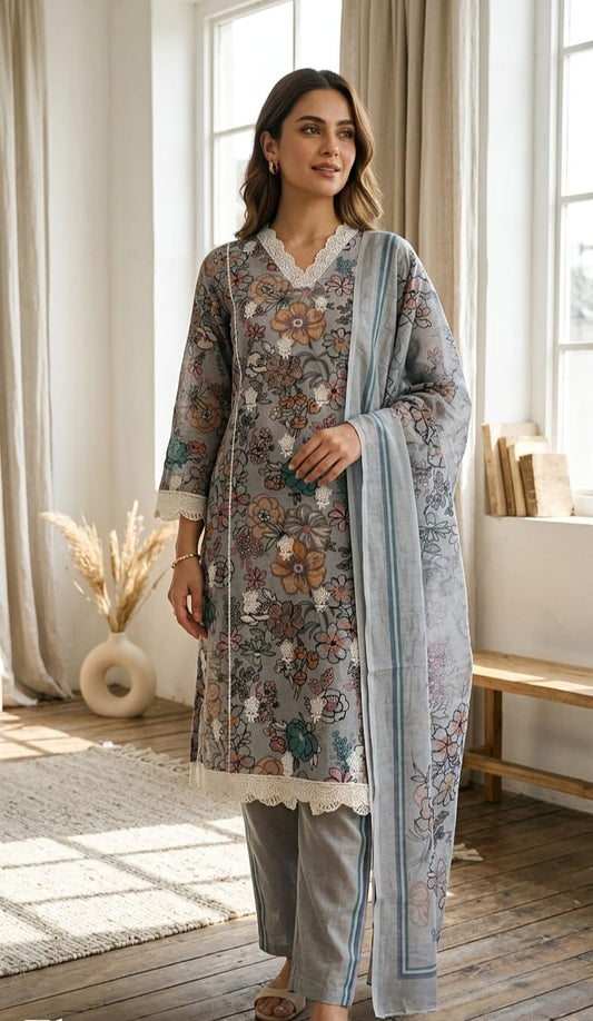 Steel Grey Wildflower Linen Kurta Set