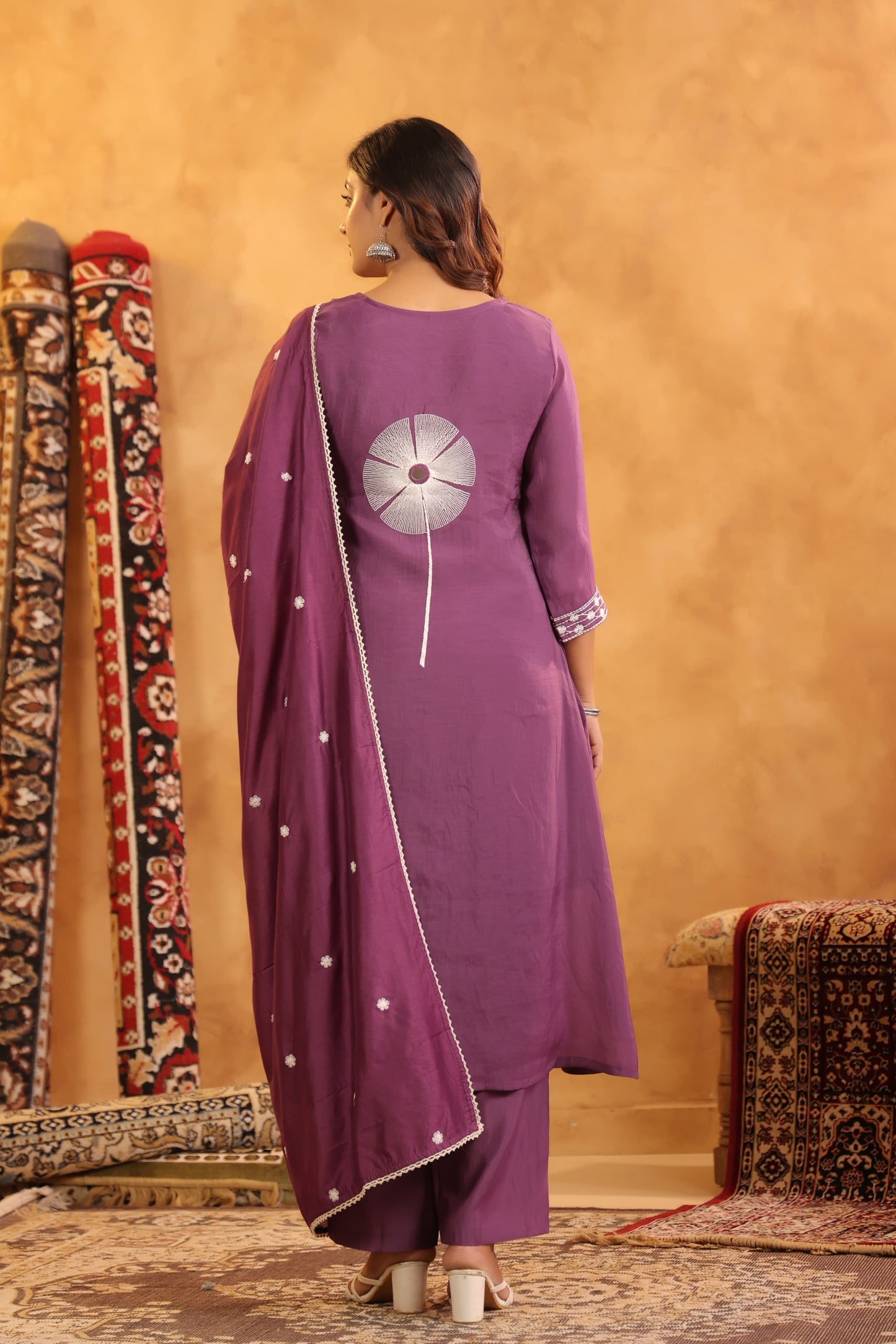 Wine Purple Embroidered Cotton Kurta Set