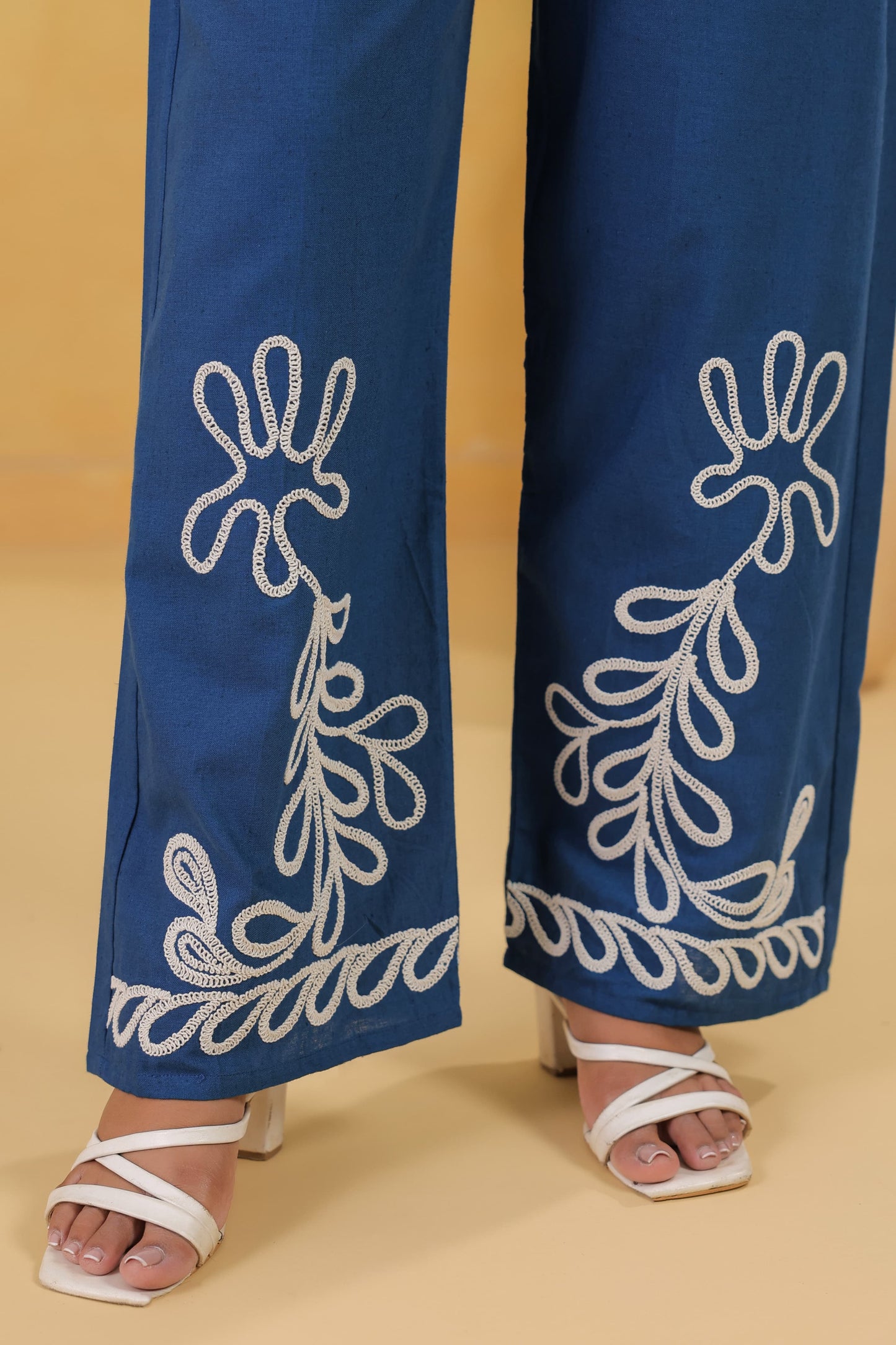 Teal Blue Cord Embroidered Cotton Co-ord Set